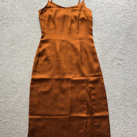 Abercrombie & Fitch Copper Brown Havana Gold Satin Slip MIDI Dress Slit Scoop S - Picture 2 of 8